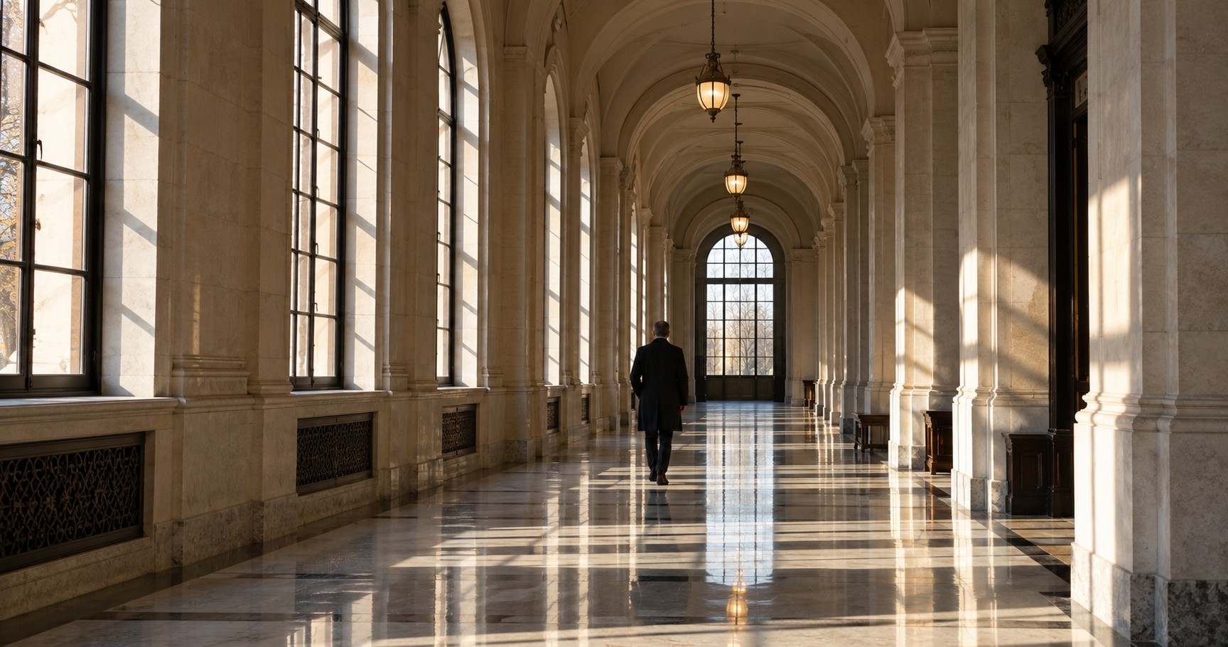 A quiet stone corridor in a federal office building in early-morning light.