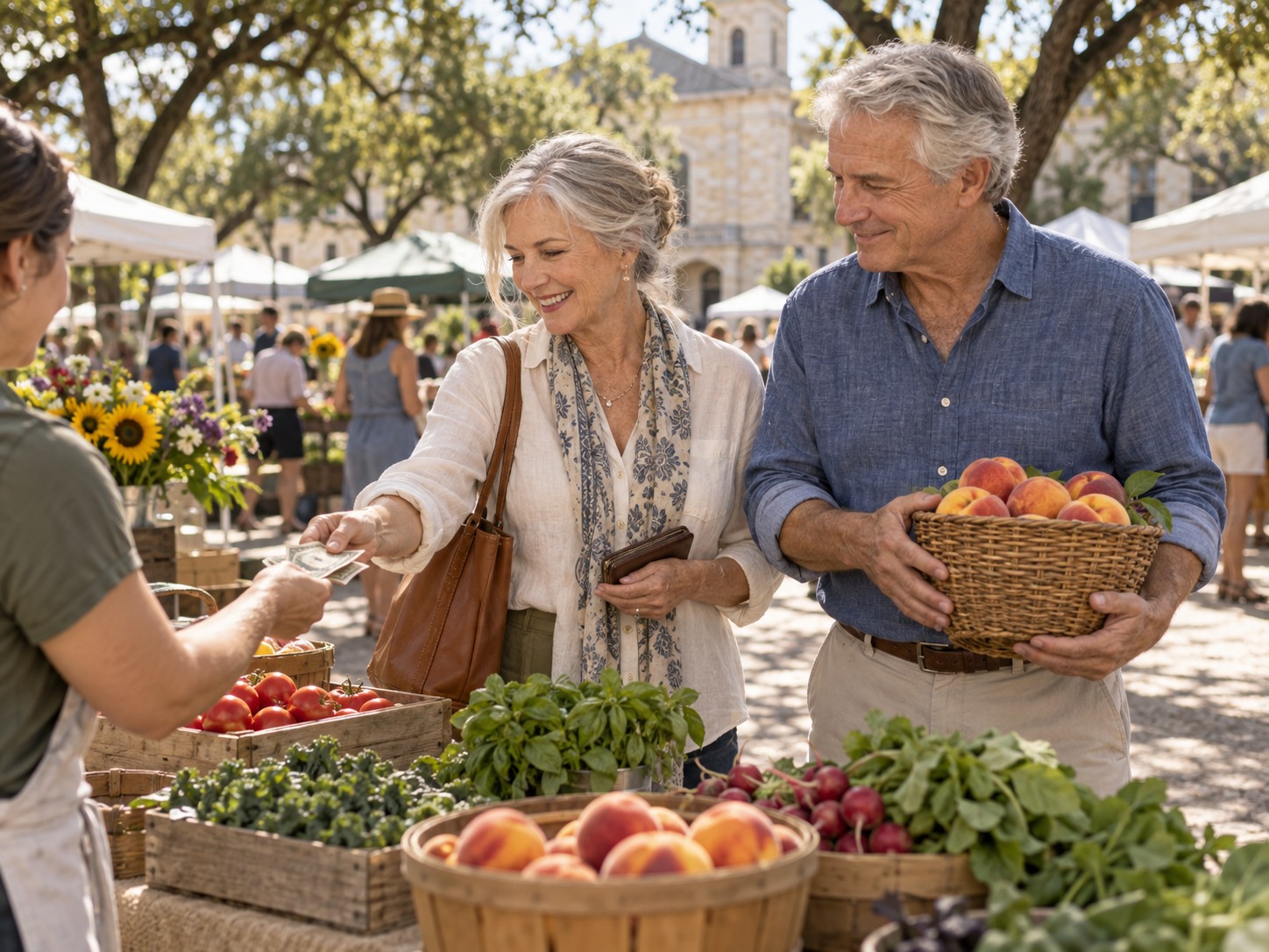 A retired couple buying peaches at a farmers market.
