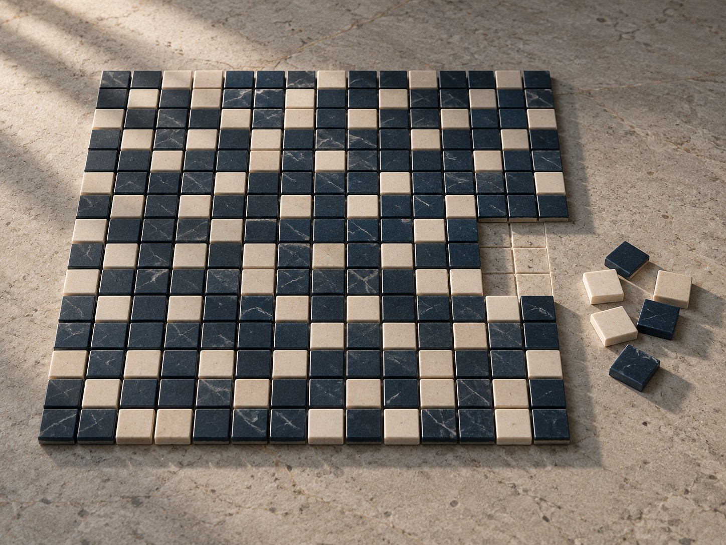 A grid of small navy and bone tiles with a few lifted out and set aside.