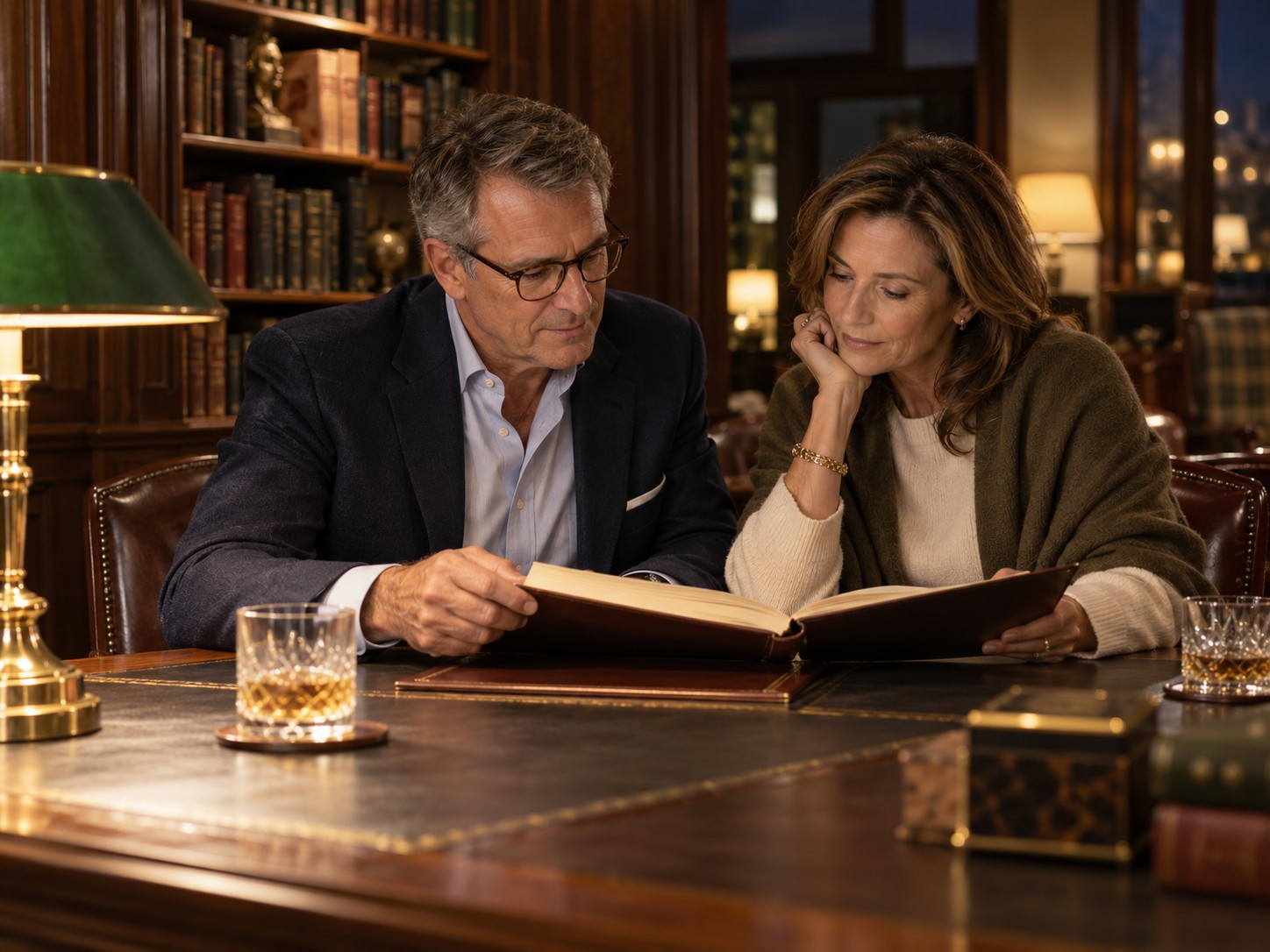 Two people reading a bound document together in a quiet library room.