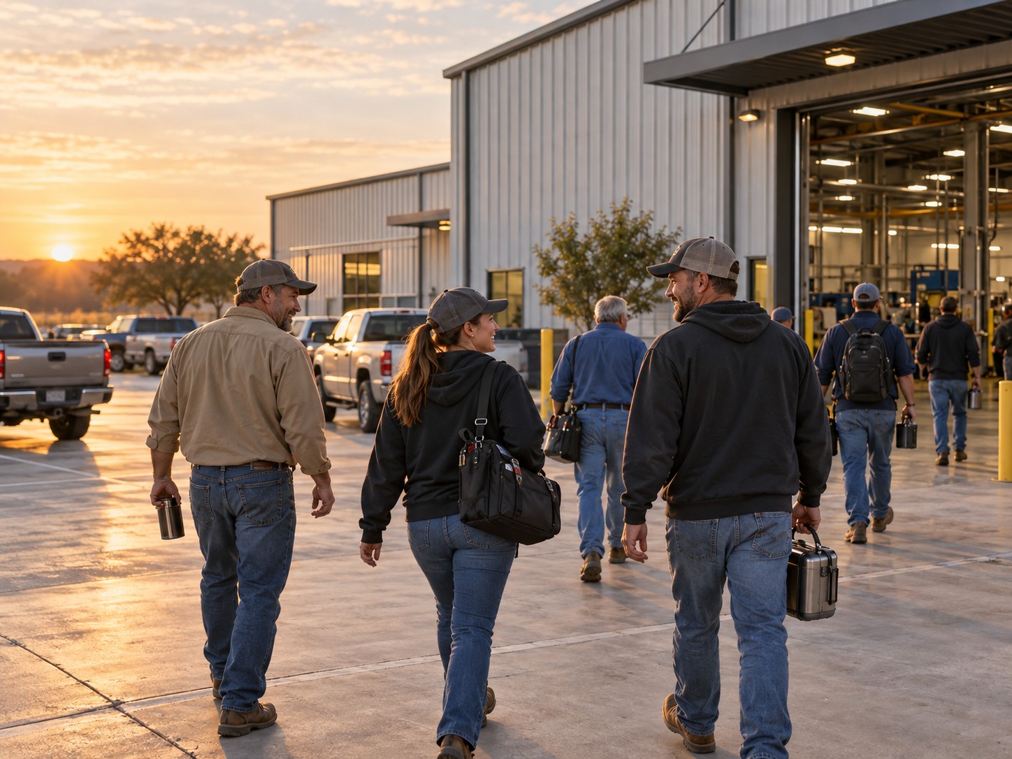 A family-owned manufacturing plant at sunrise as workers arrive.