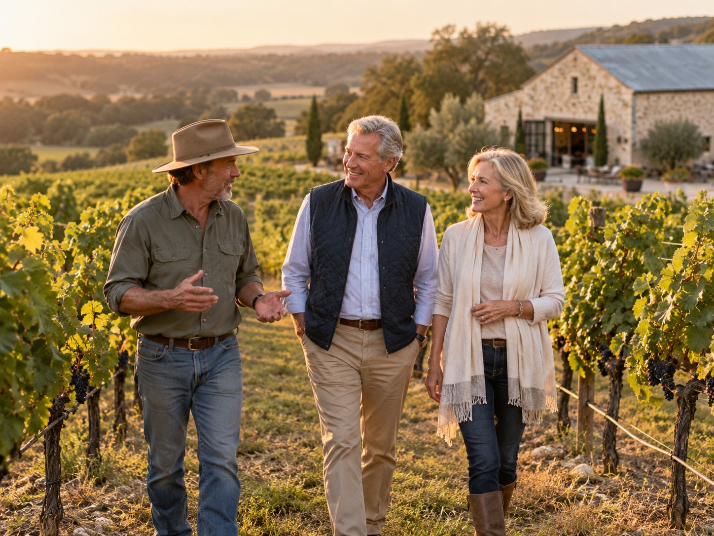 A couple walking vineyard rows in the Hill Country with the grower.