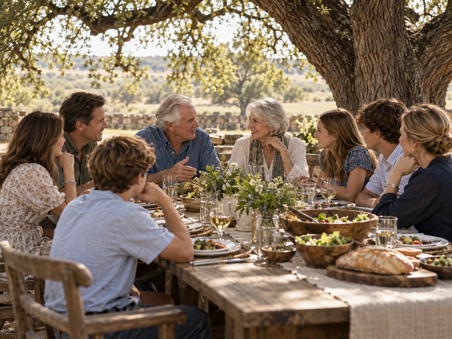 Three generations at a long outdoor table under a live oak.