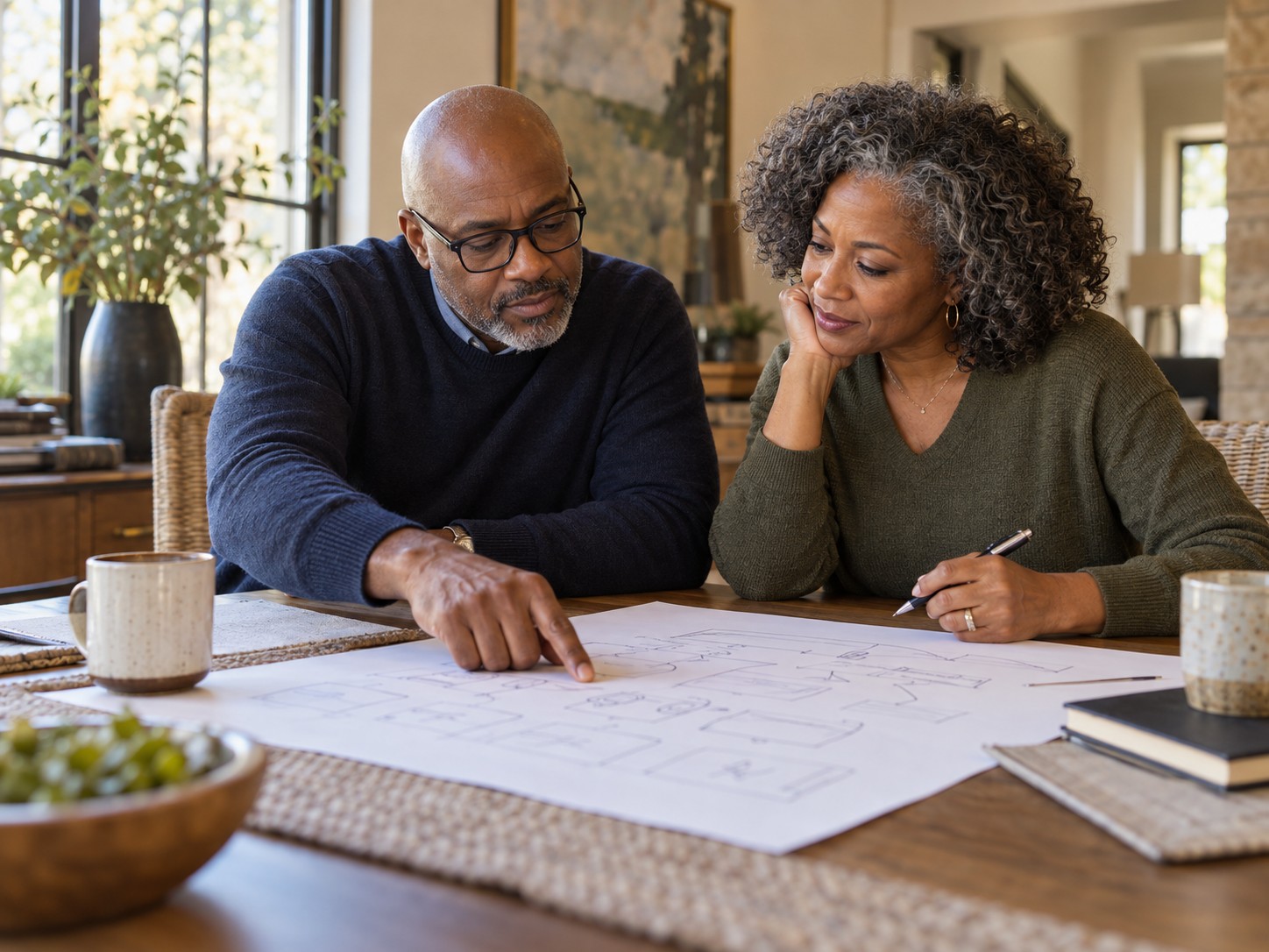 A couple mapping out a plan on a large sheet of paper at their dining table.