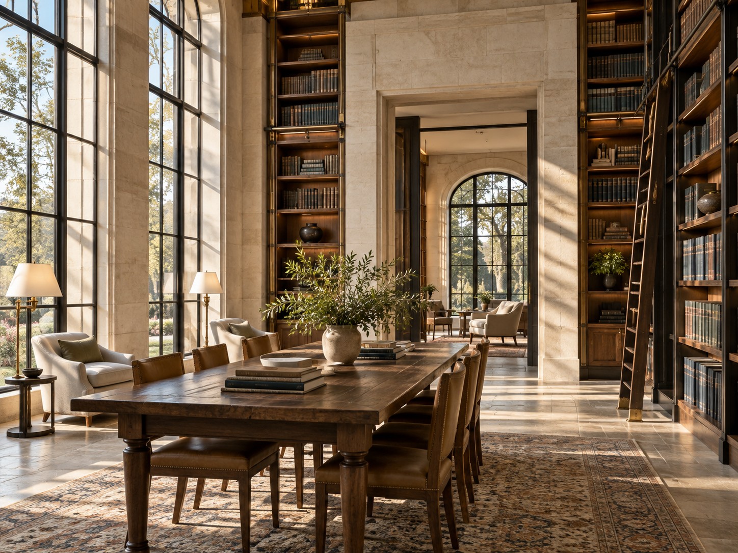 A calm library interior with long shelves and tall windows.