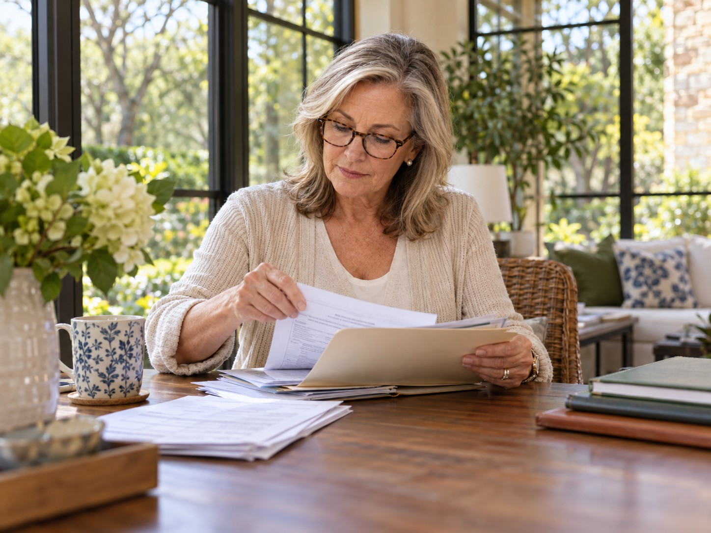 A woman organizing tax papers into a folder at her sunroom desk.