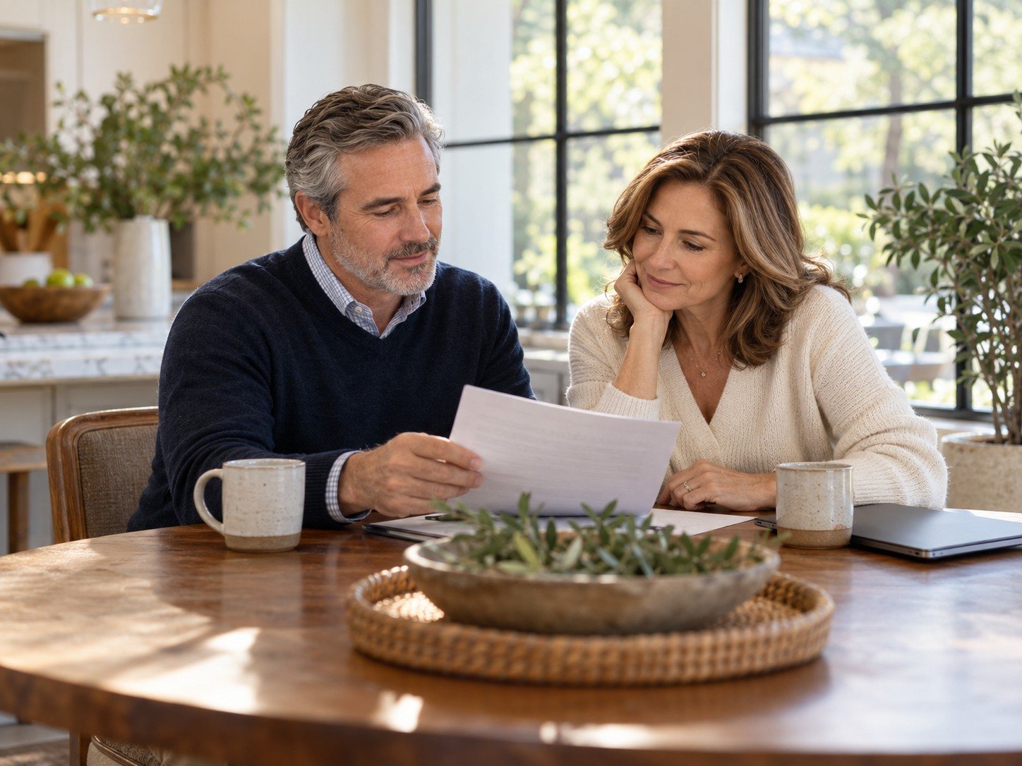 A couple in their late fifties at a round kitchen table, one turning a printed page toward the other, with coffee mugs and morning light.