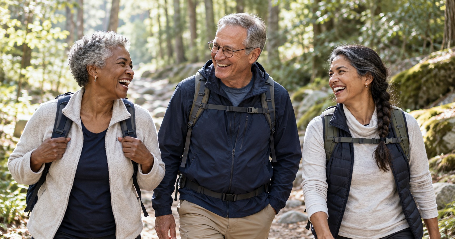Three friends around sixty laughing together on a sunlit forest trail.