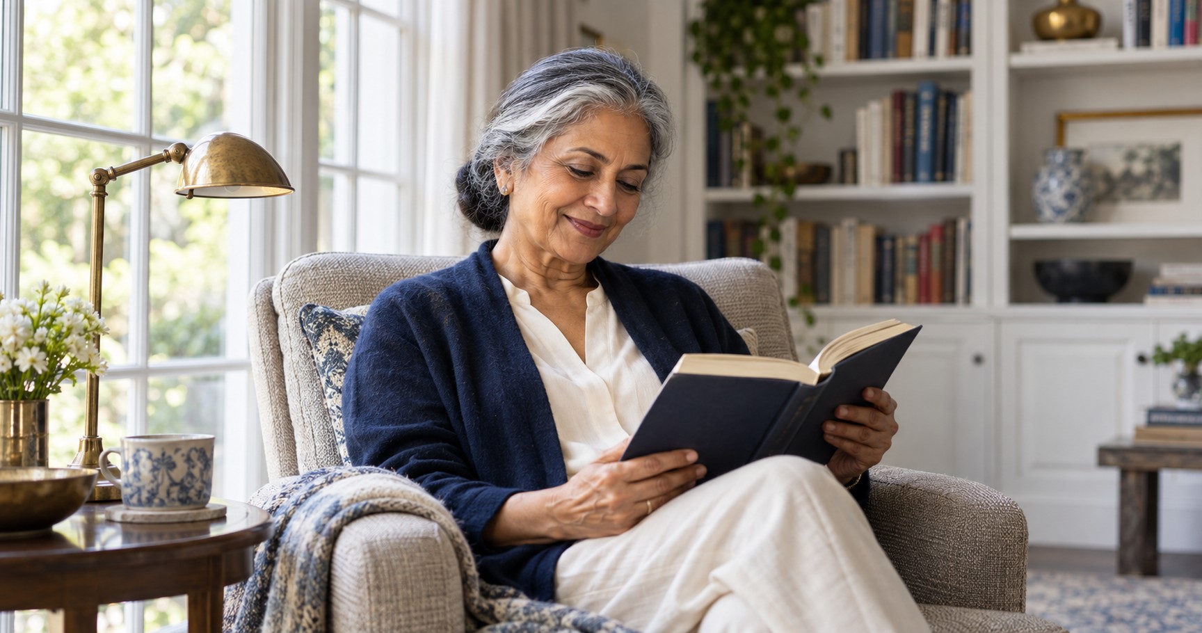 A woman in her sixties relaxing in an armchair with a book in a bright home library.